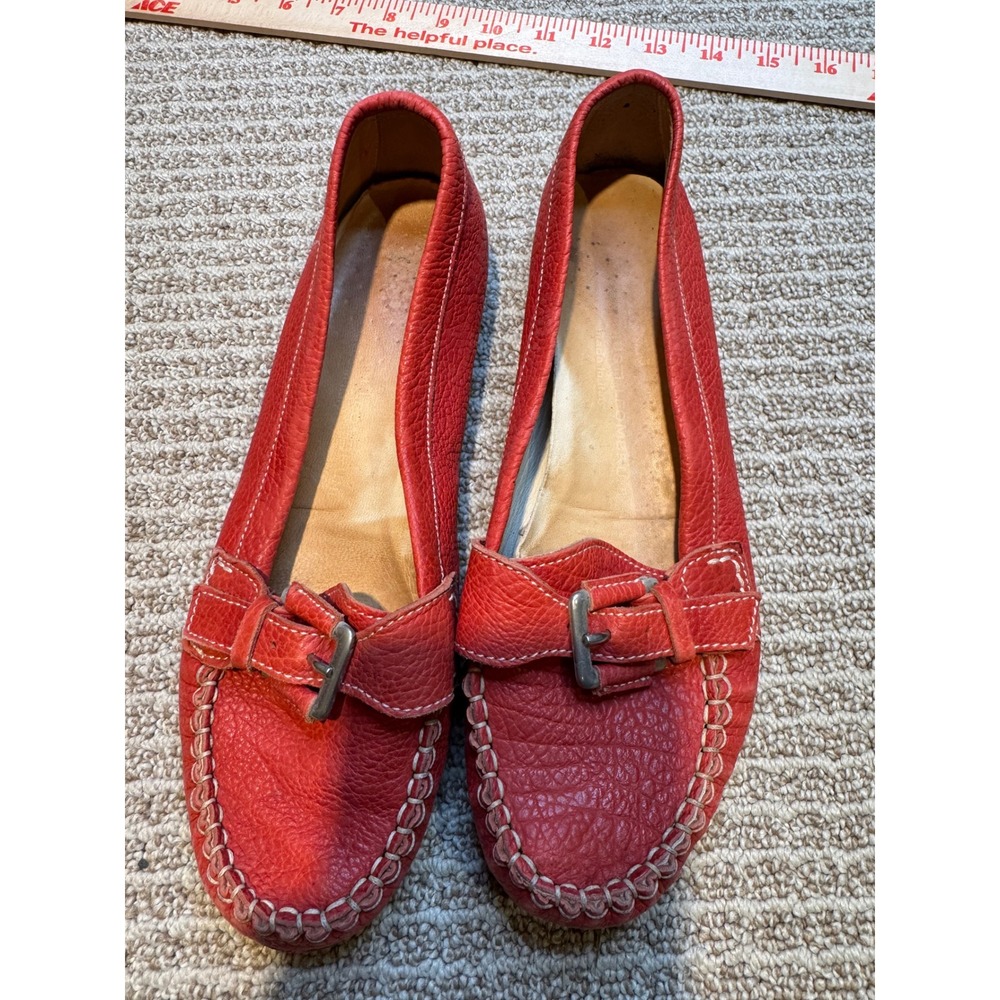 Leombruni Red Italian Leather Loafers Women's 37.5 7.5 Buckle Comfort Flats